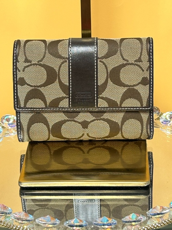 Coach Handbags - Coach Signature Jacquard Trifold Wallet with Leather Trim Approx. 5.5 x 4”